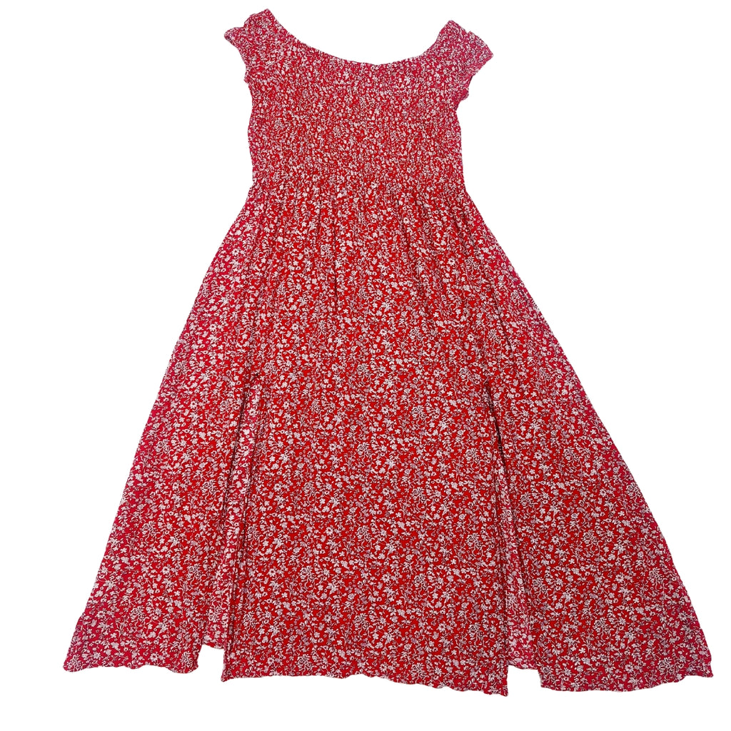 RED FLORAL SHIRRING DRESS - UK18