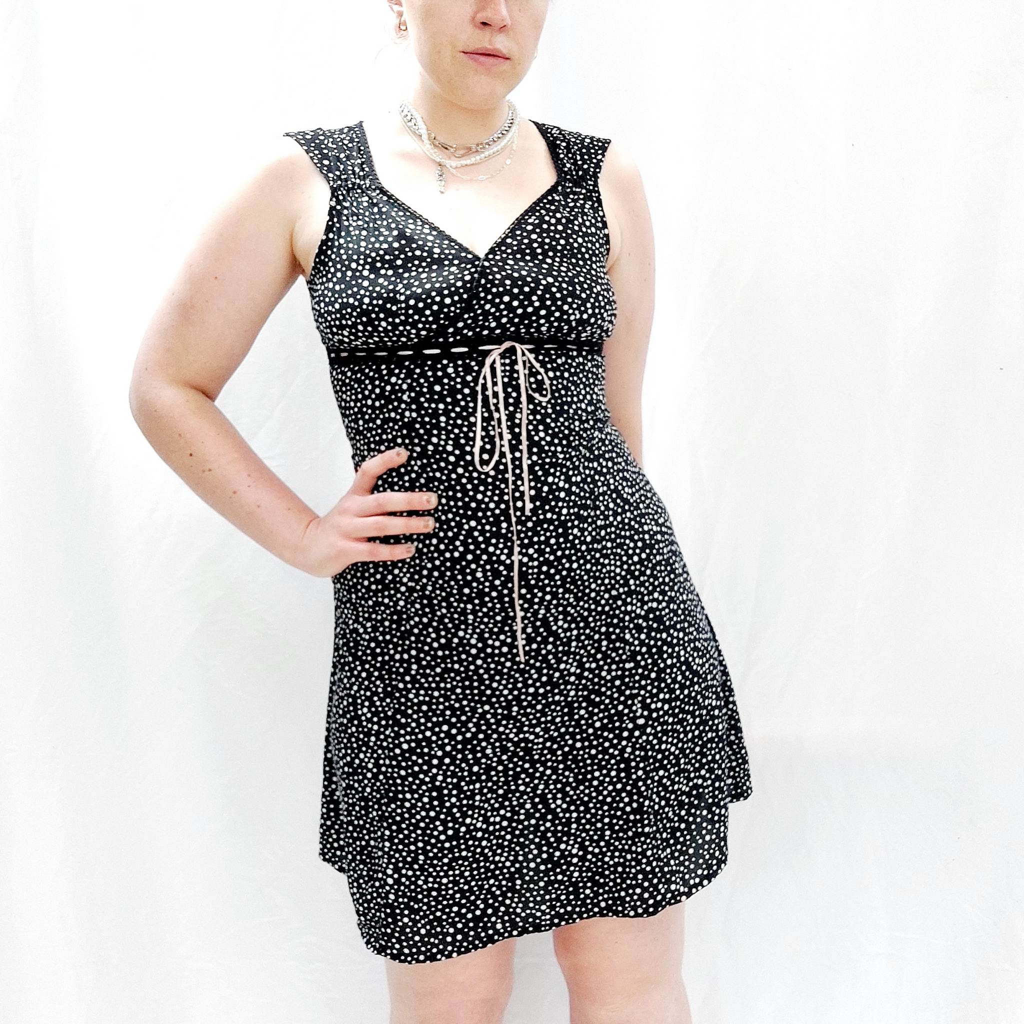 90S VINTAGE BLACK POLKA DOT DRESS UK12 ANAM STUDIOS