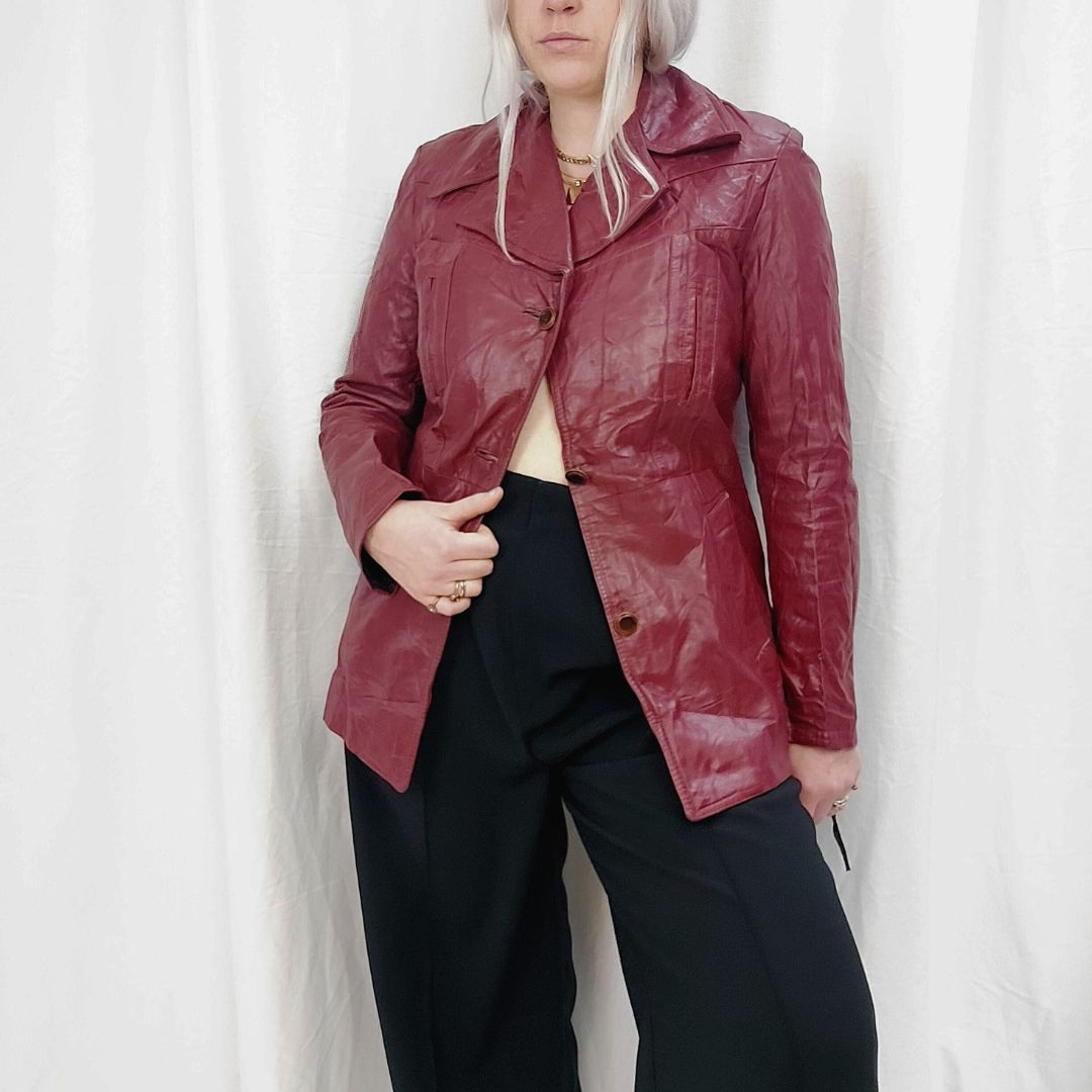 VINTAGE CHERRY RED LEATHER JACKET - M