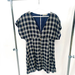 NAVY CHECK BOHO DRESS-L