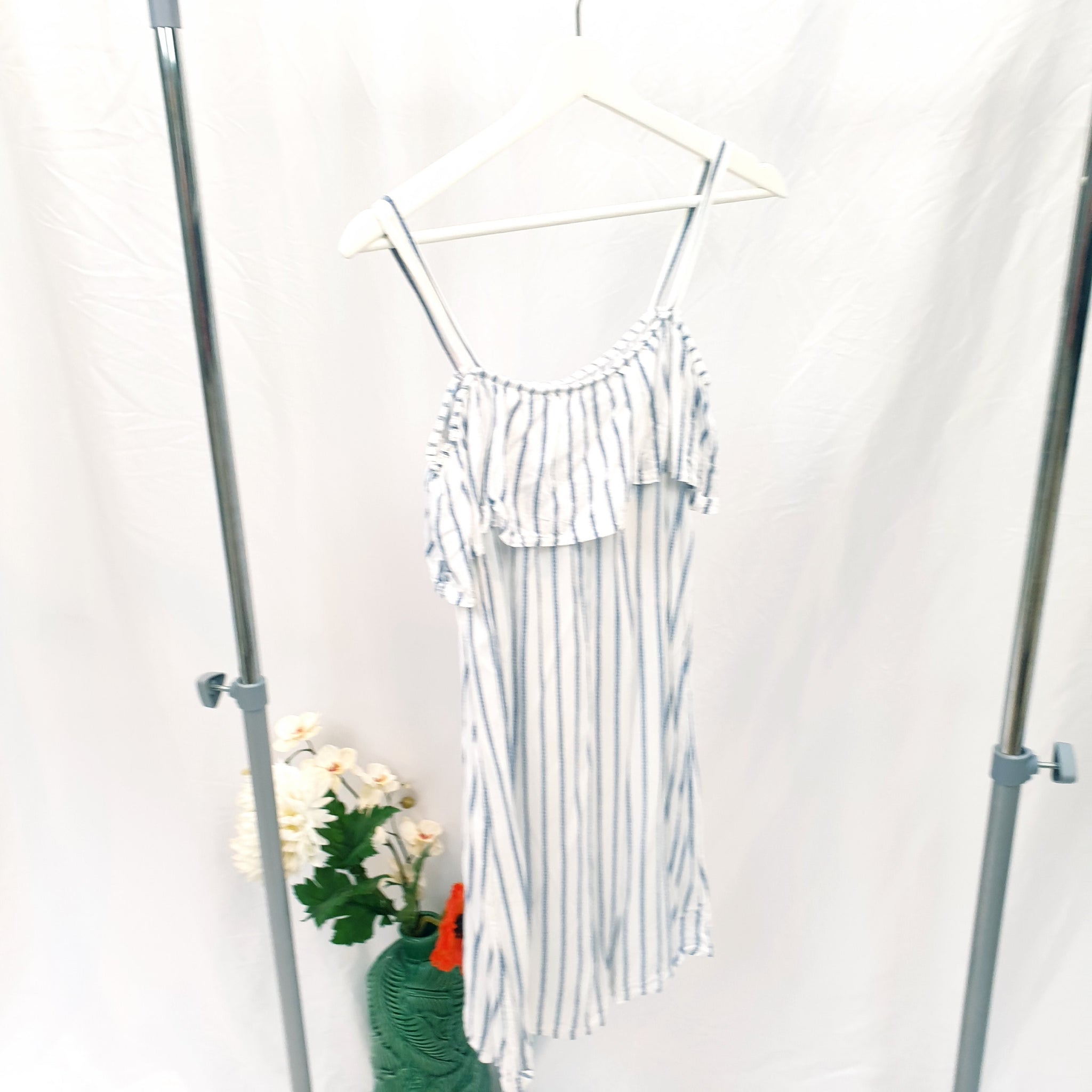 WHITE SUMMER DRESS WITH BLUE STRIPE-S