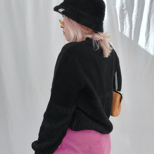 VINTAGE BLACK AND GREY CHUNKY KNIT JUMPER - L