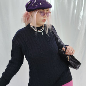 VINTAGE NAVY CABLE KNIT JUMPER - L