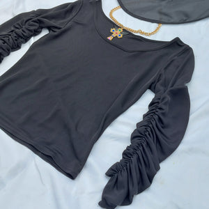 VINTAGE BLACK GATHERED SLEEVE TOP- UK12