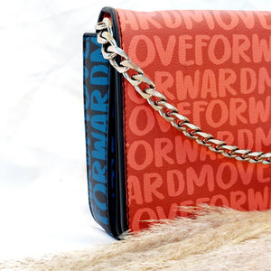 RED TEXT SHOULDER BAG