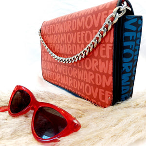 RED TEXT SHOULDER BAG