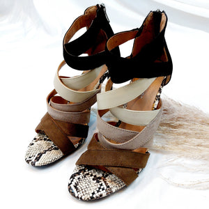 BLACK AND BROWN STRAP HEELS- UK6