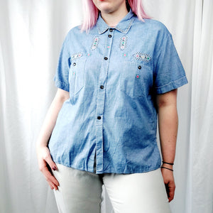 VINTAGE BLUE EMBROIDERED SHIRT- XL