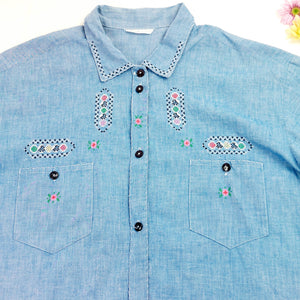 VINTAGE BLUE EMBROIDERED SHIRT- XL