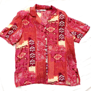 80S VINTAGE MAROON PRINT SHIRT- L