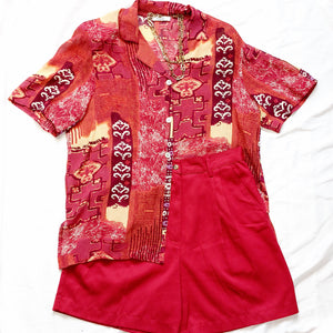 80S VINTAGE MAROON PRINT SHIRT- L