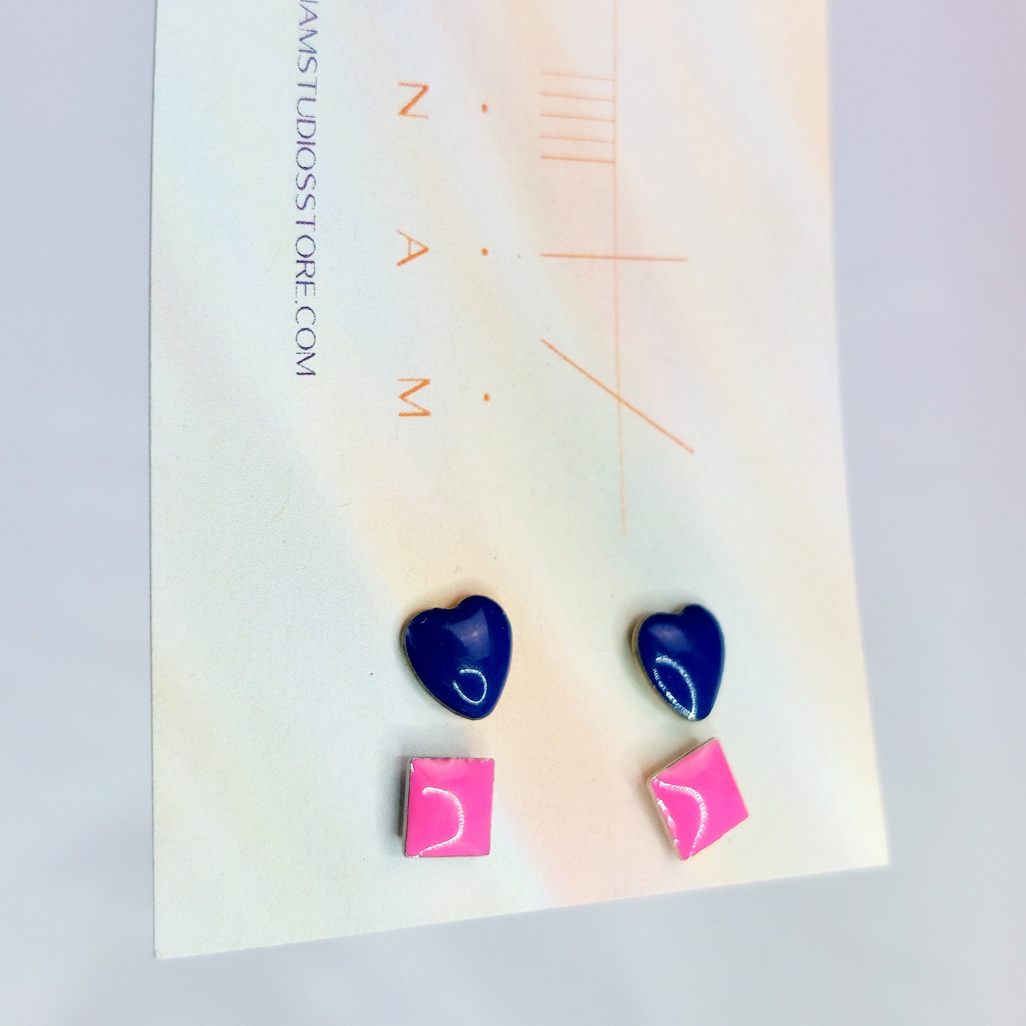 NAVY HEART AND PINK SQUARE EARRING SET