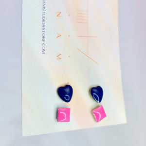NAVY HEART AND PINK SQUARE EARRING SET