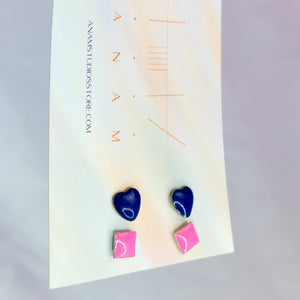 NAVY HEART AND PINK SQUARE EARRING SET