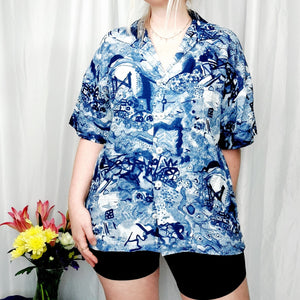 VINTAGE NAVY BLUE CRAZY PRINT SHIRT - XL