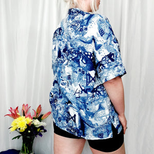 VINTAGE NAVY BLUE CRAZY PRINT SHIRT - XL