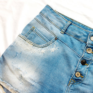 DISTRESSED DENIM LACE TRIM SHORTS - UK 12