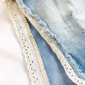 DISTRESSED DENIM LACE TRIM SHORTS - UK 12