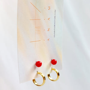 GOLD HOOP AND RED STUD EARRING SET