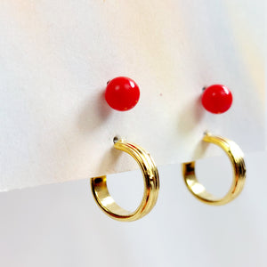 GOLD HOOP AND RED STUD EARRING SET