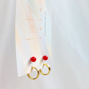GOLD HOOP AND RED STUD EARRING SET