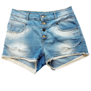 DISTRESSED DENIM LACE TRIM SHORTS - UK 12