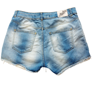 DISTRESSED DENIM LACE TRIM SHORTS - UK 12