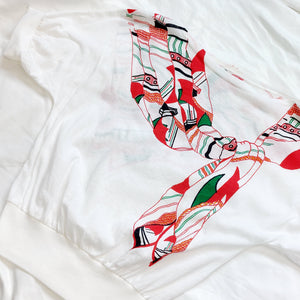 70s VINTAGE WHITE SCARF PRINT T-SHIRT-  XS-S