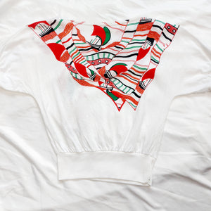 70s VINTAGE WHITE SCARF PRINT T-SHIRT-  XS-S