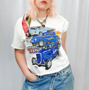 VINTAGE WHITE DRAG RACE T-SHIRT- L