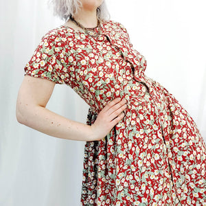 80S VINTAGE FLORAL RED DRESS - XL