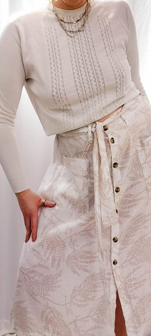 WHITE LINEN FLORAL MIDI SKIRT - UK18