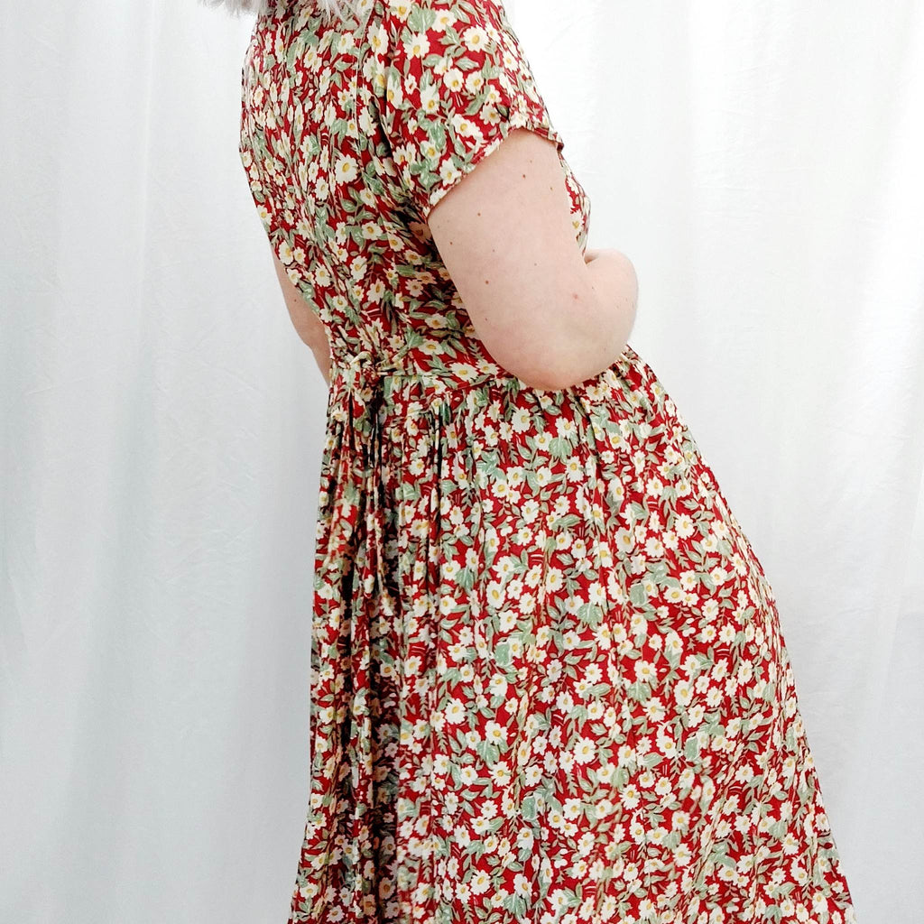 80S VINTAGE FLORAL RED DRESS - XL